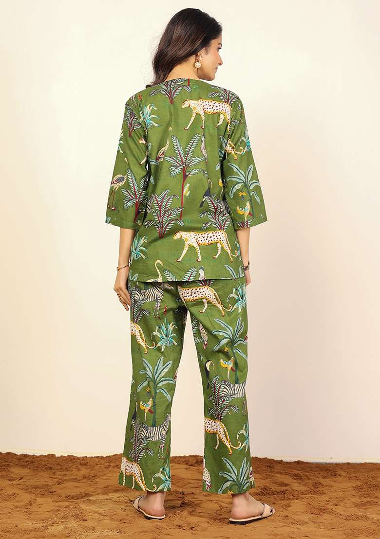 Green And Multi Printed  Cotton Co Ord Set - Indya