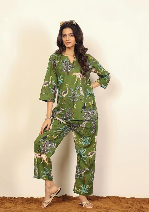 Green And Multi Printed  Cotton Co Ord Set