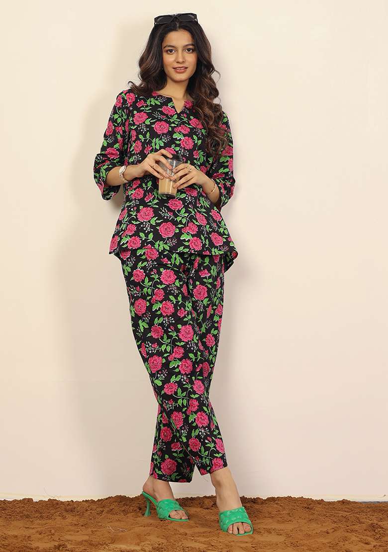 Black And Multi Printed  Cotton Co Ord Set - Indya