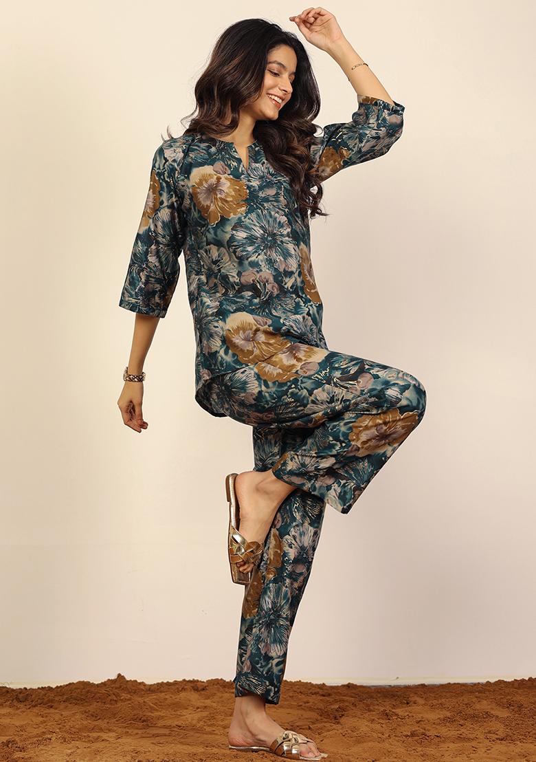 Green And Multi Printed  Cotton Co Ord Set