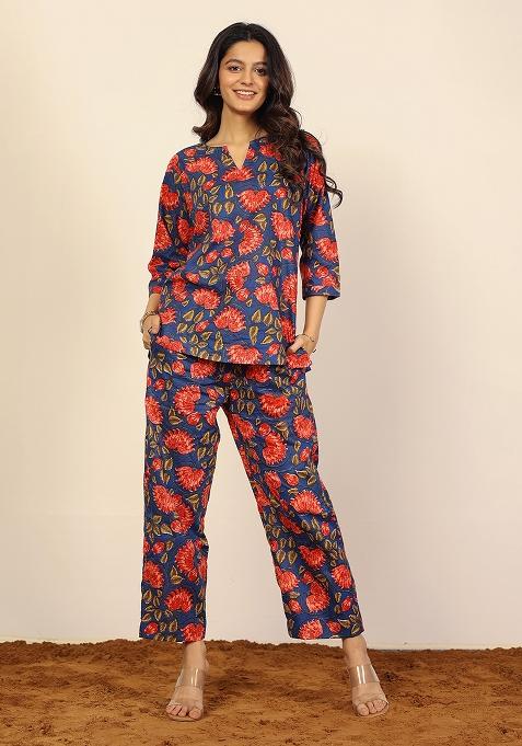Blue And Multi Printed  Cotton Co Ord Set
