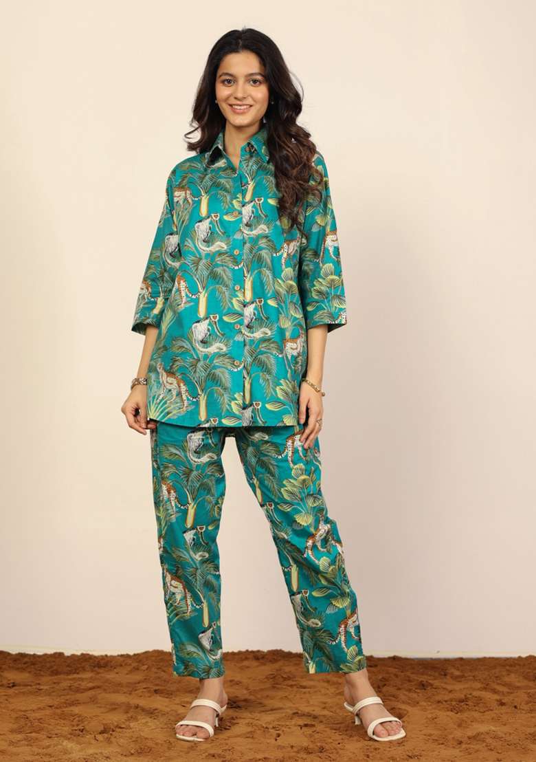 Green And Multi Printed  Cotton Co Ord Set - Indya