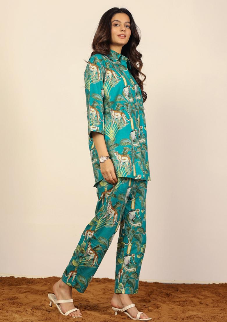 Green And Multi Printed  Cotton Co Ord Set