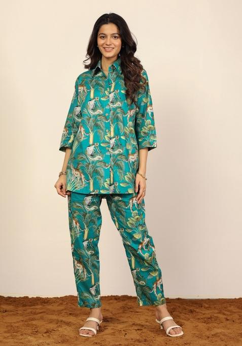 Green And Multi Printed  Cotton Co Ord Set