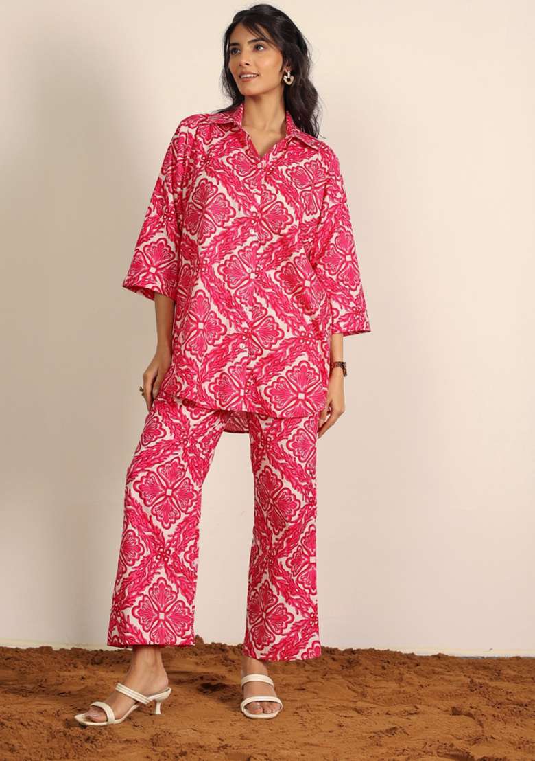Pink And White Printed  Cotton Co Ord Set - Indya