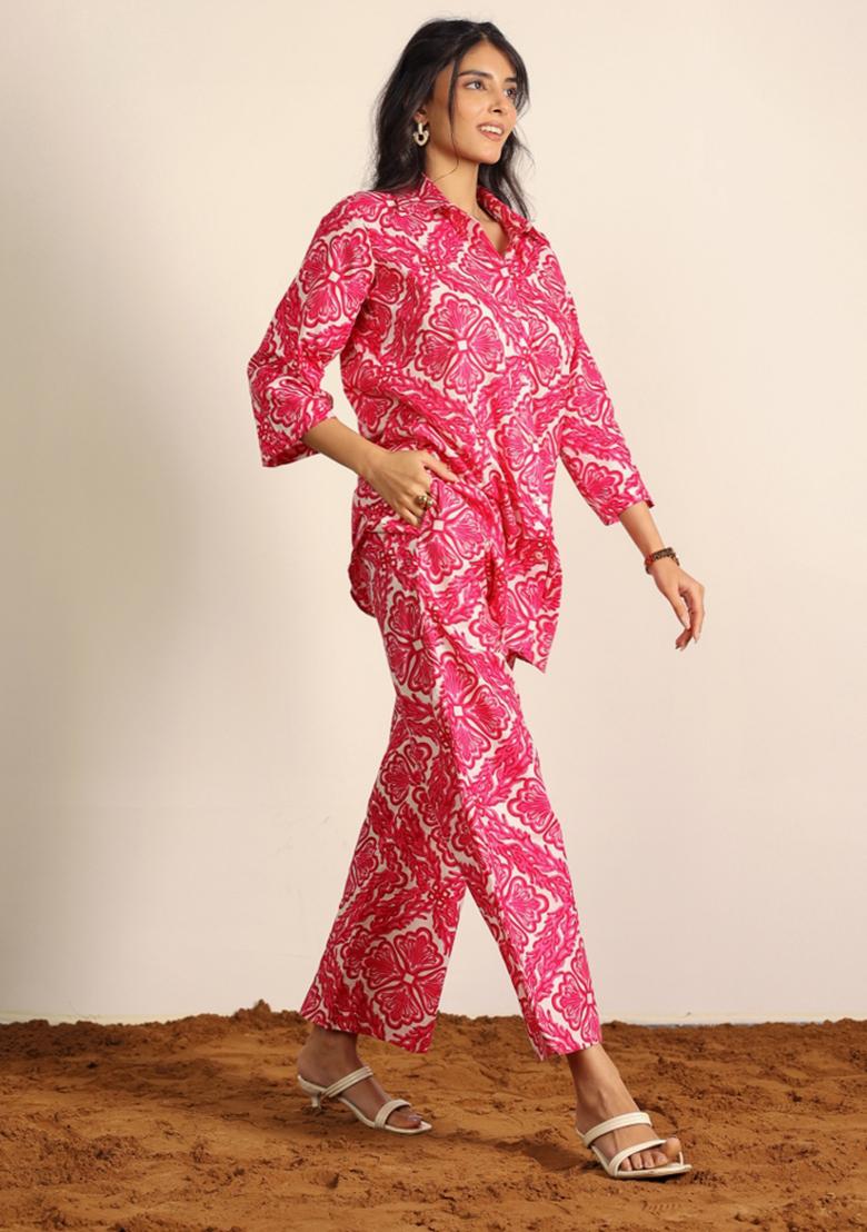 Pink And White Printed  Cotton Co Ord Set