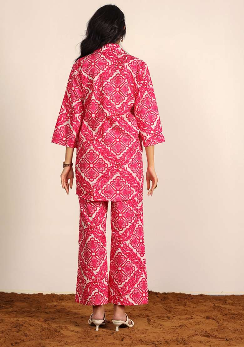 Pink And White Printed  Cotton Co Ord Set - Indya