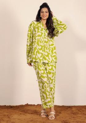 Green And White Printed  Cotton Co Ord Set