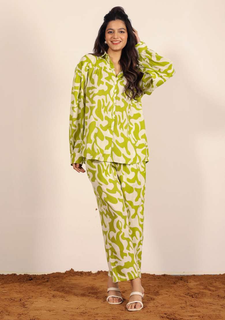 Green And White Printed  Cotton Co Ord Set - Indya