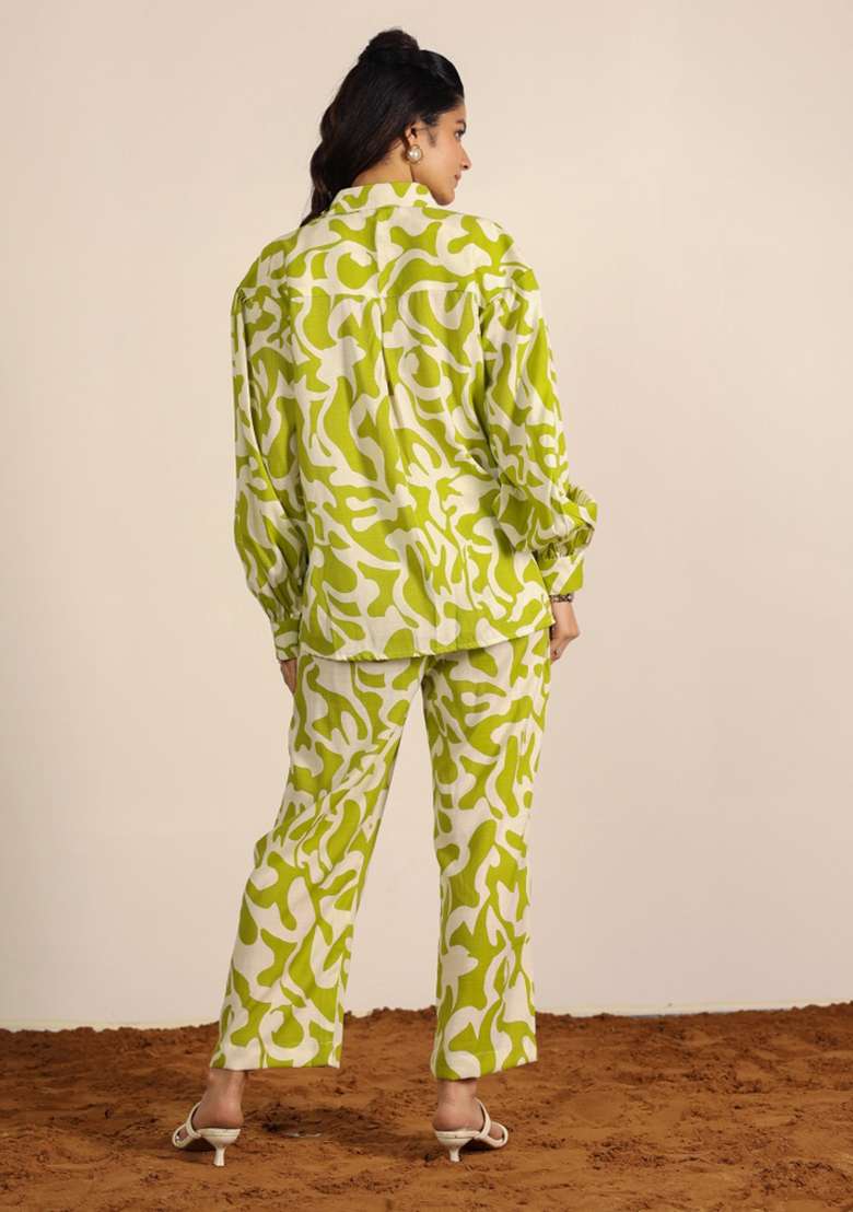 Green And White Printed  Cotton Co Ord Set - Indya