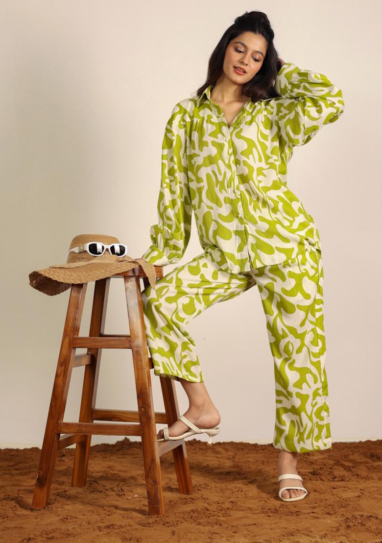 Green And White Printed  Cotton Co Ord Set