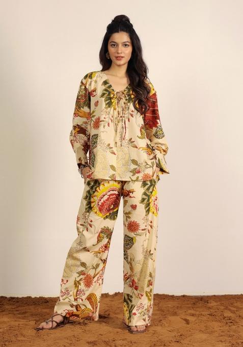 Beige And Multi Printed  Cotton Co Ord Set