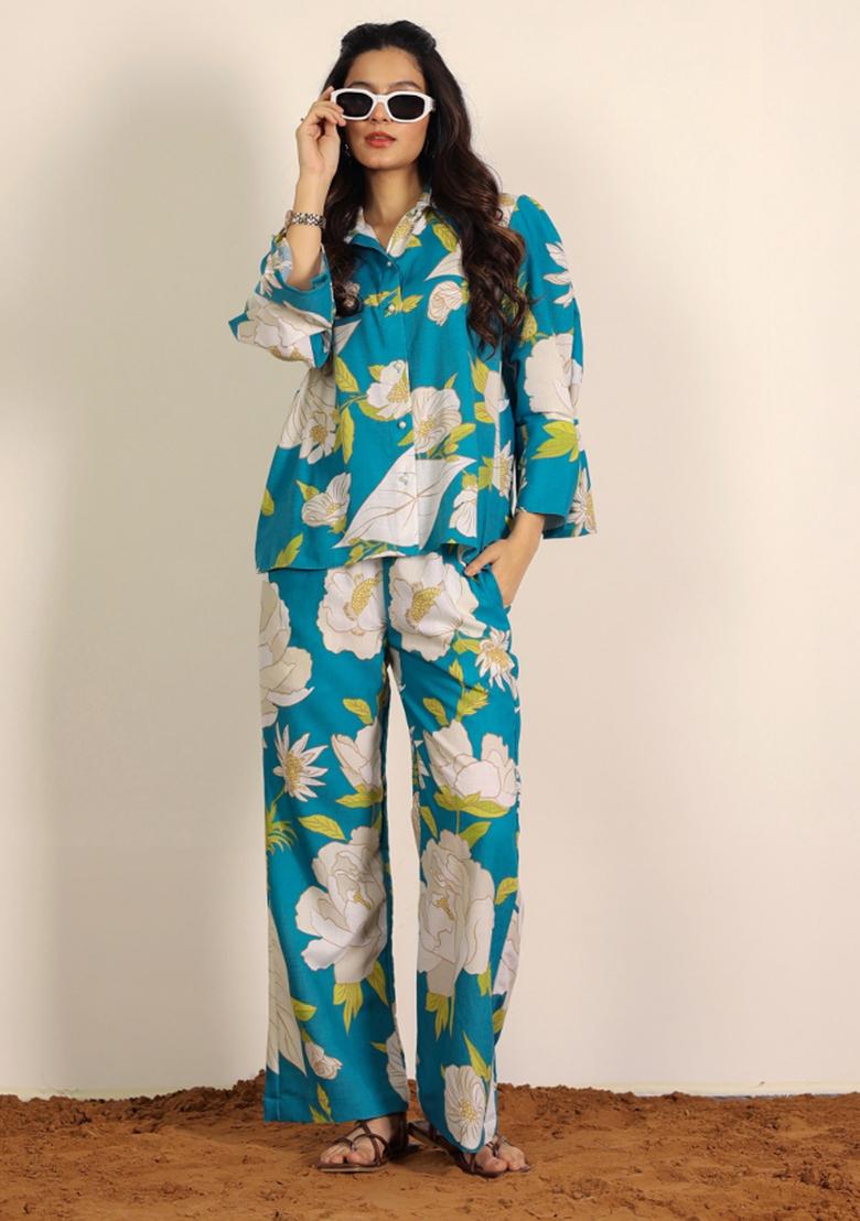 Sky Blue And Multi Printed  Cotton Co Ord Set