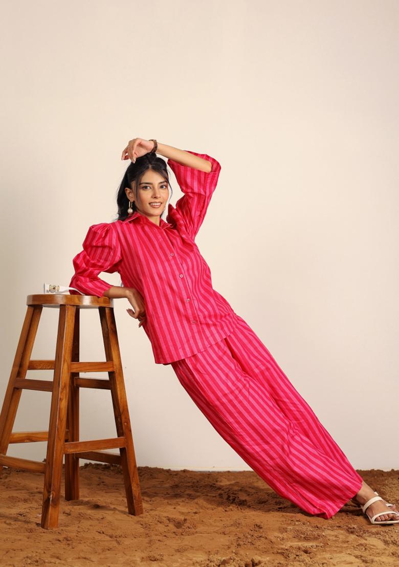 Pink And Red Printed  Cotton Co Ord Set