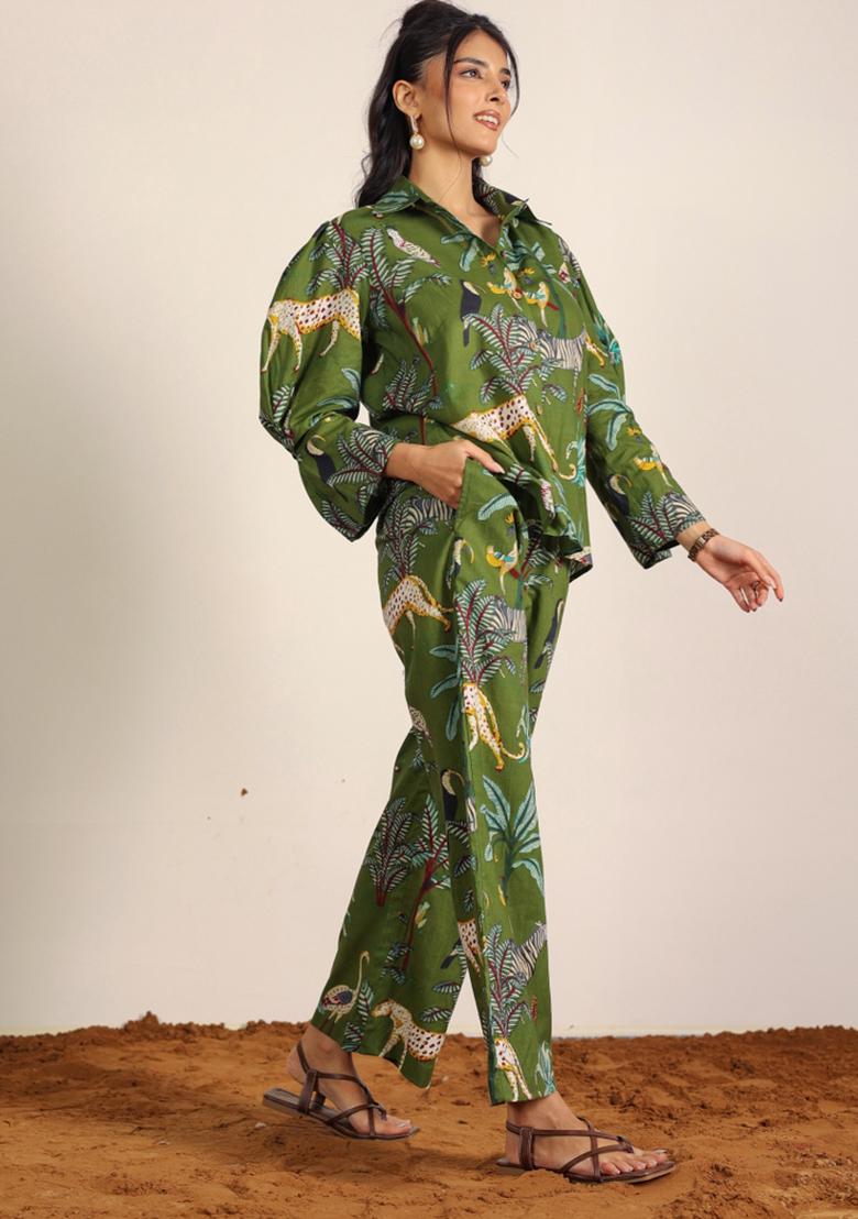 Green And Multi Printed  Cotton Co Ord Set