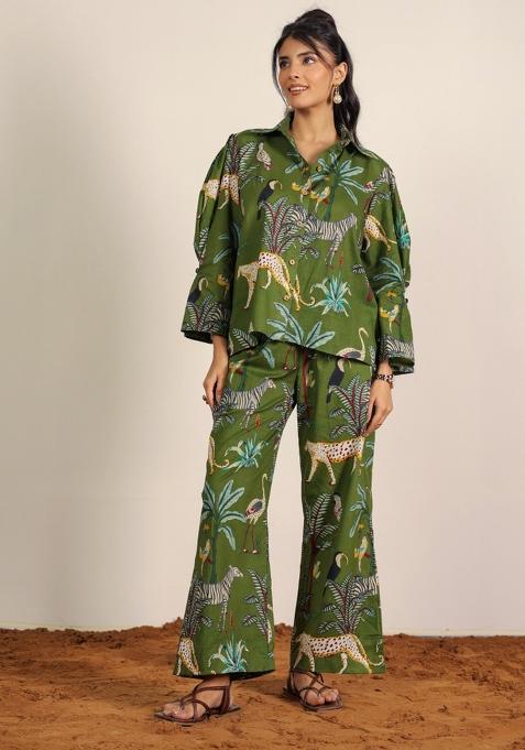 Green And Multi Printed  Cotton Co Ord Set
