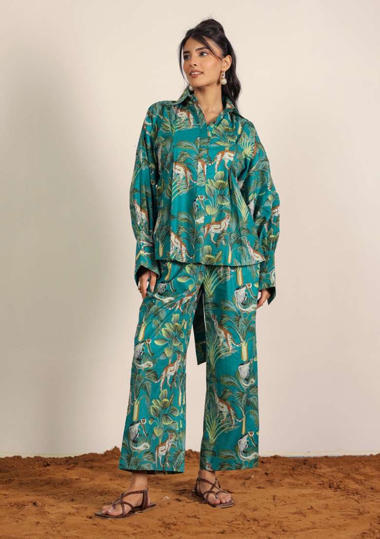 Green And Multi Printed  Cotton Co Ord Set - Indya