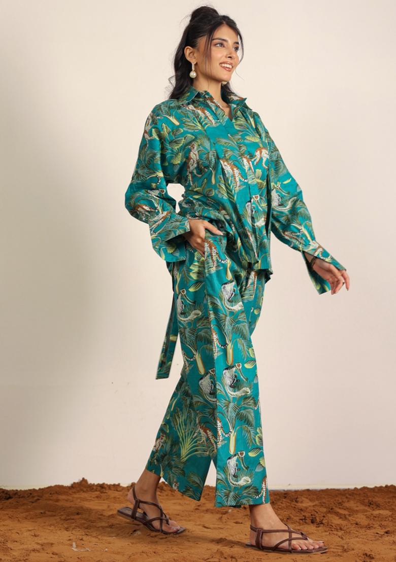 Green And Multi Printed  Cotton Co Ord Set