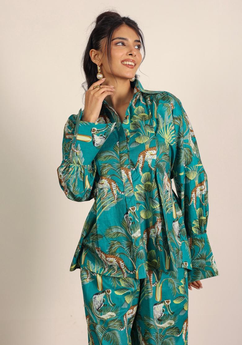 Green And Multi Printed  Cotton Co Ord Set