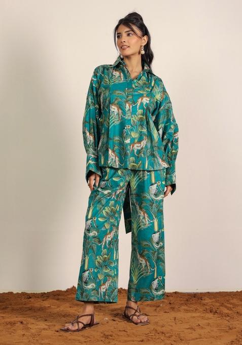 Green And Multi Printed  Cotton Co Ord Set