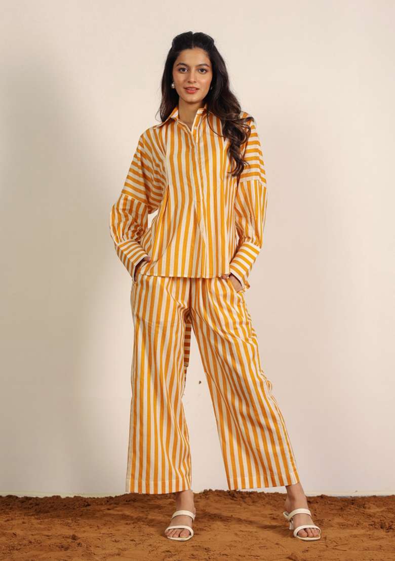 Yellow And White Printed  Cotton Co Ord Set - Indya