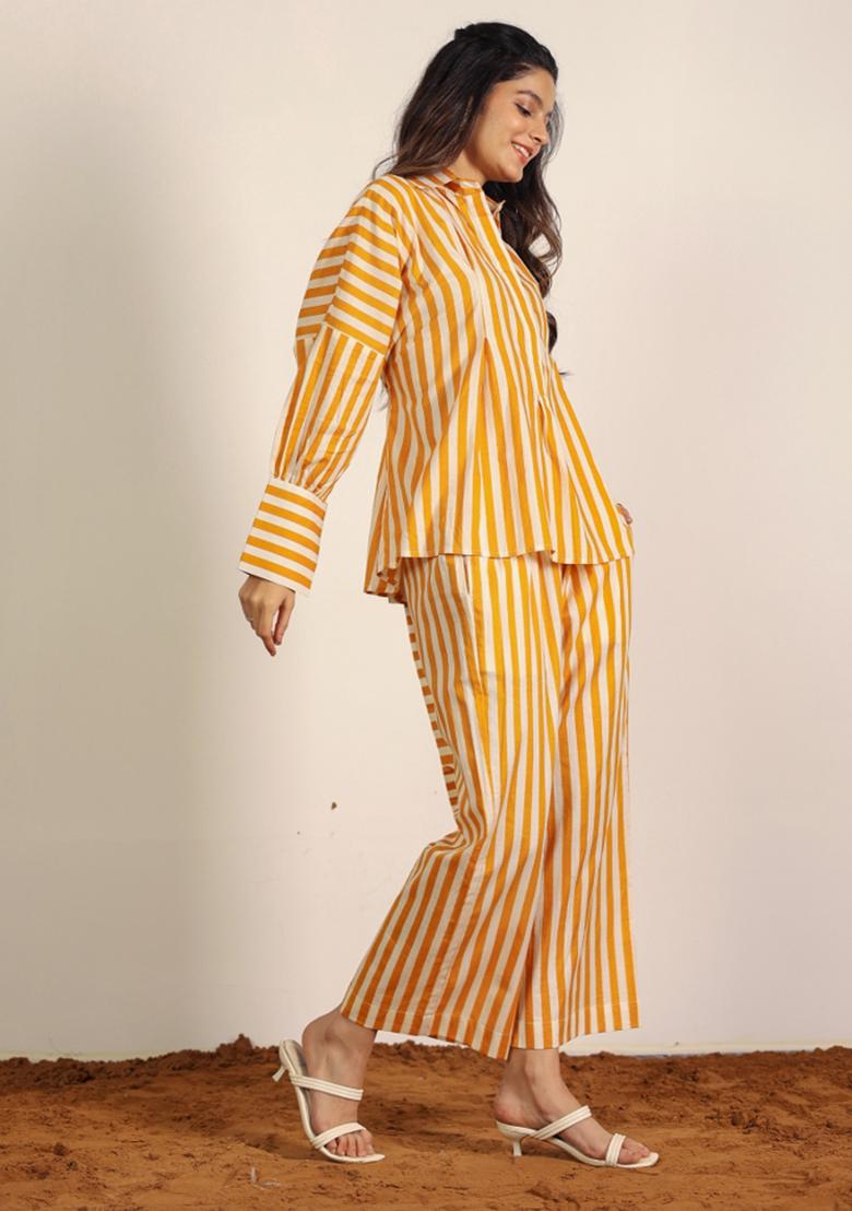 Yellow And White Printed  Cotton Co Ord Set