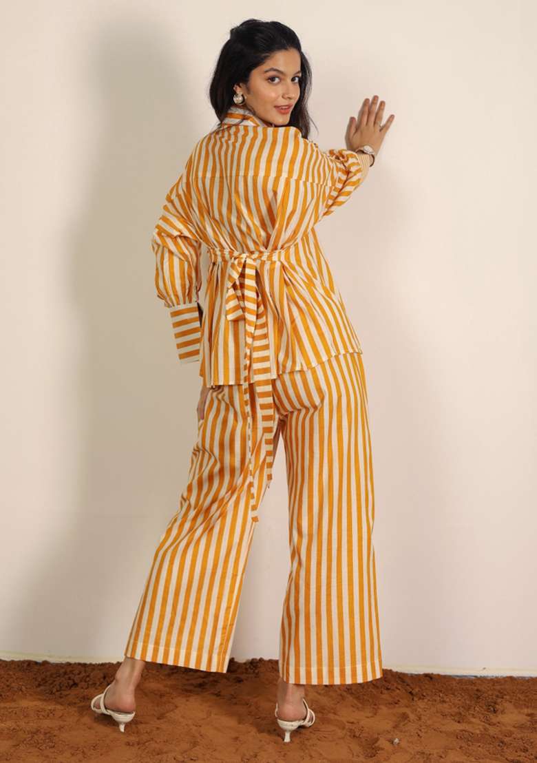 Yellow And White Printed  Cotton Co Ord Set - Indya