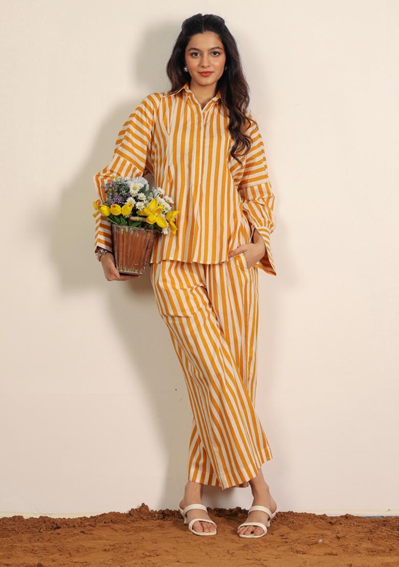 Yellow And White Printed  Cotton Co Ord Set