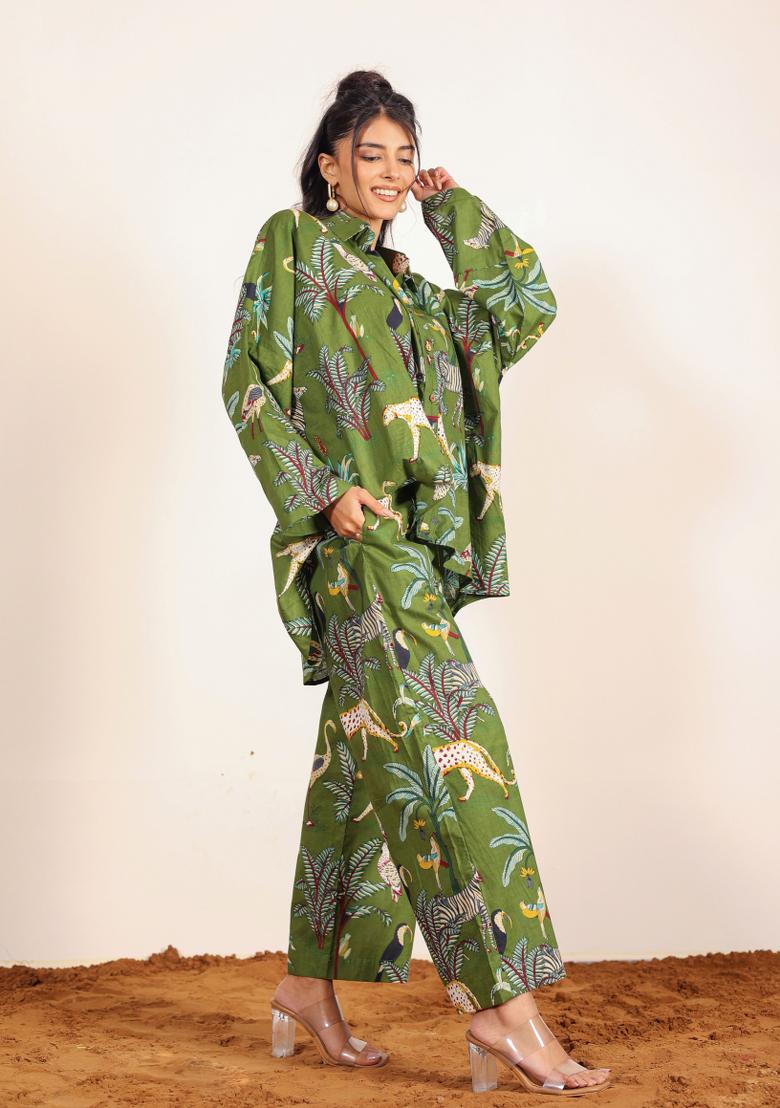 Green And Multi Printed  Cotton Co Ord Set