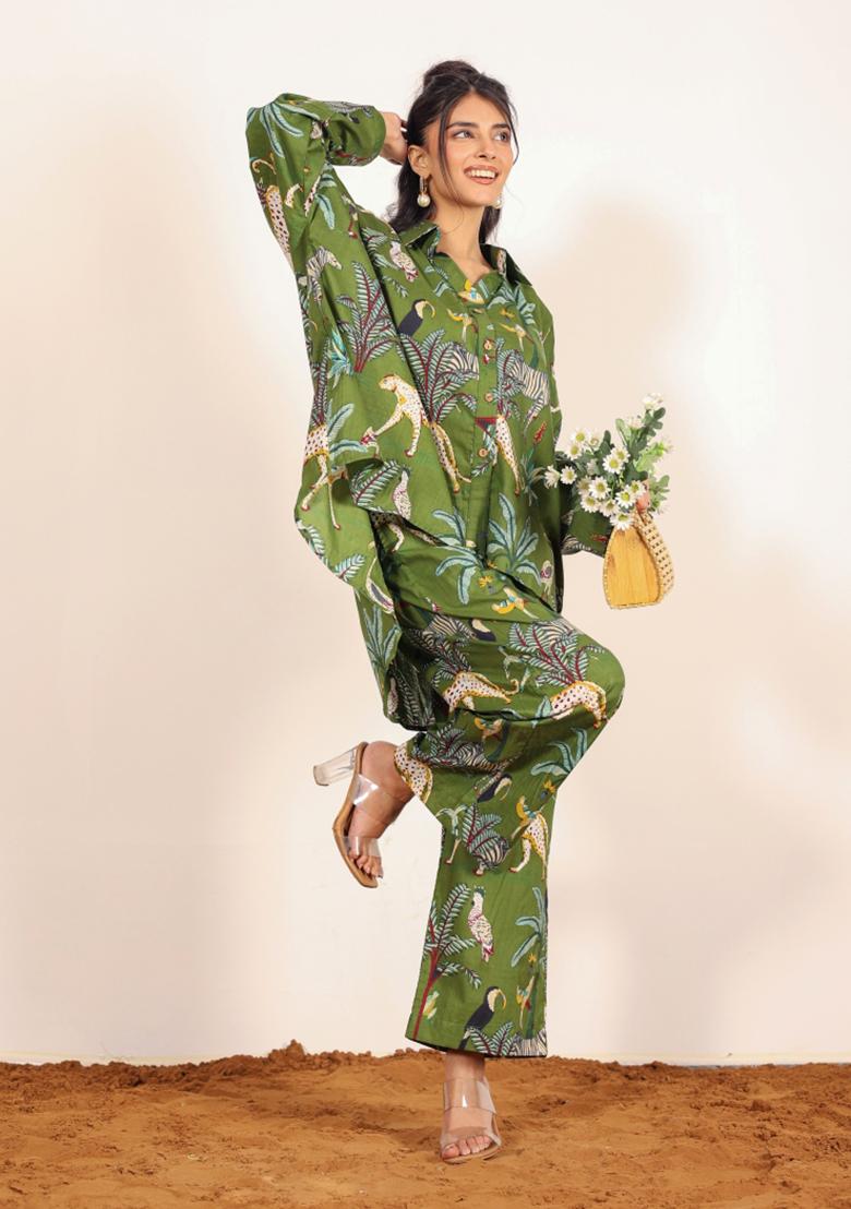 Green And Multi Printed  Cotton Co Ord Set