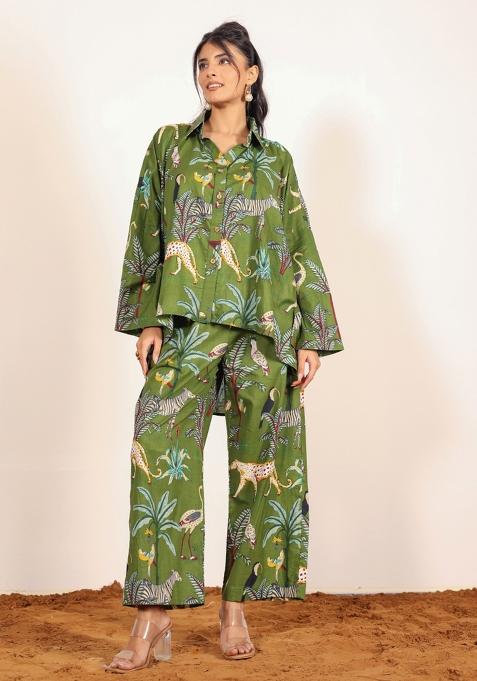 Green And Multi Printed  Cotton Co Ord Set