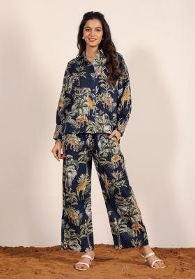 Navy Blue And Multi Printed  Cotton Co Ord Set