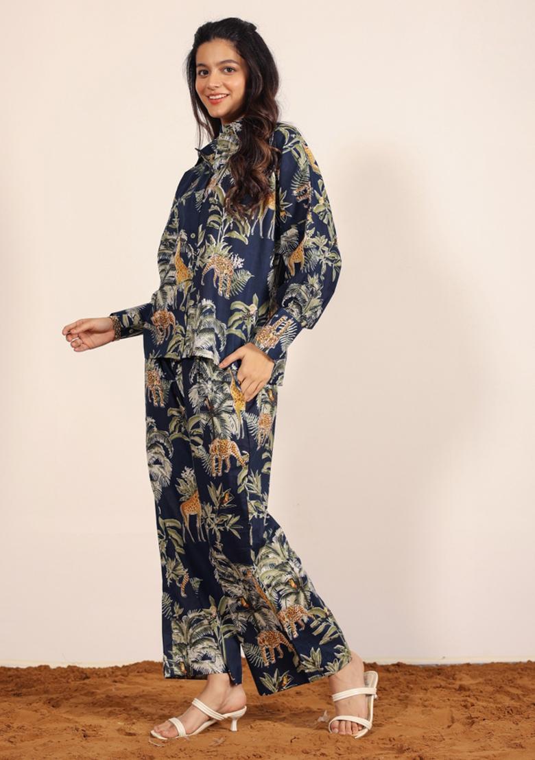 Navy Blue And Multi Printed  Cotton Co Ord Set