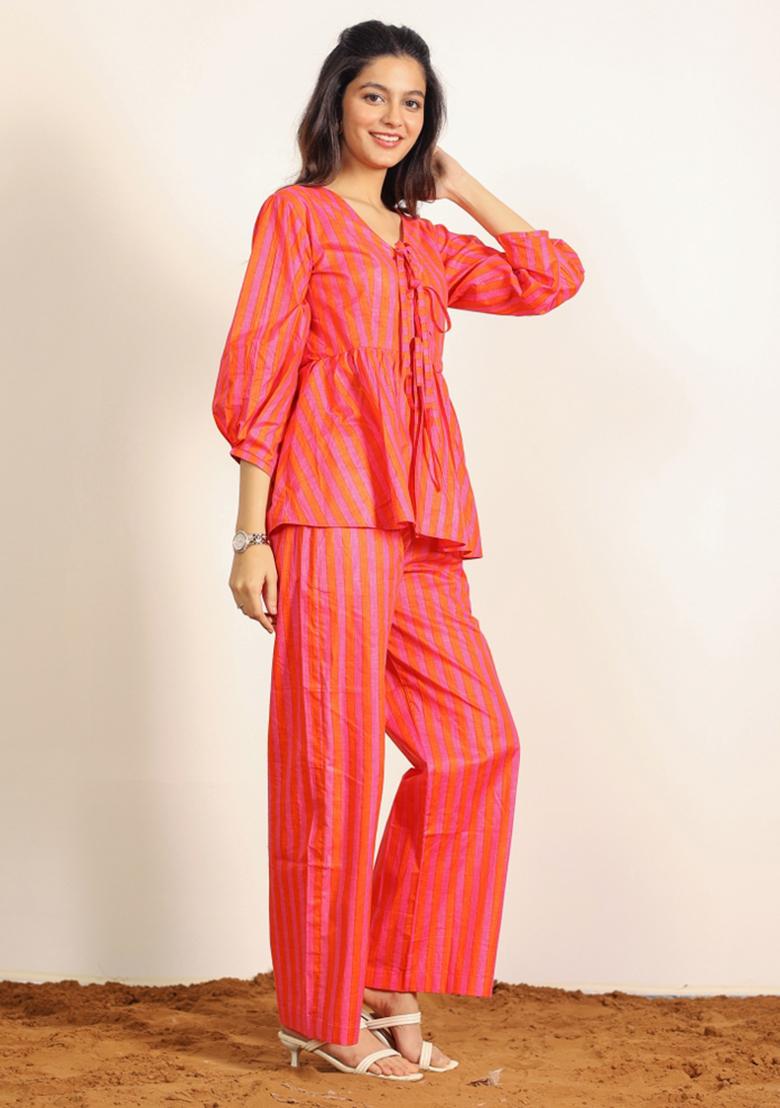 Orange And Pink Printed  Cotton Co Ord Set