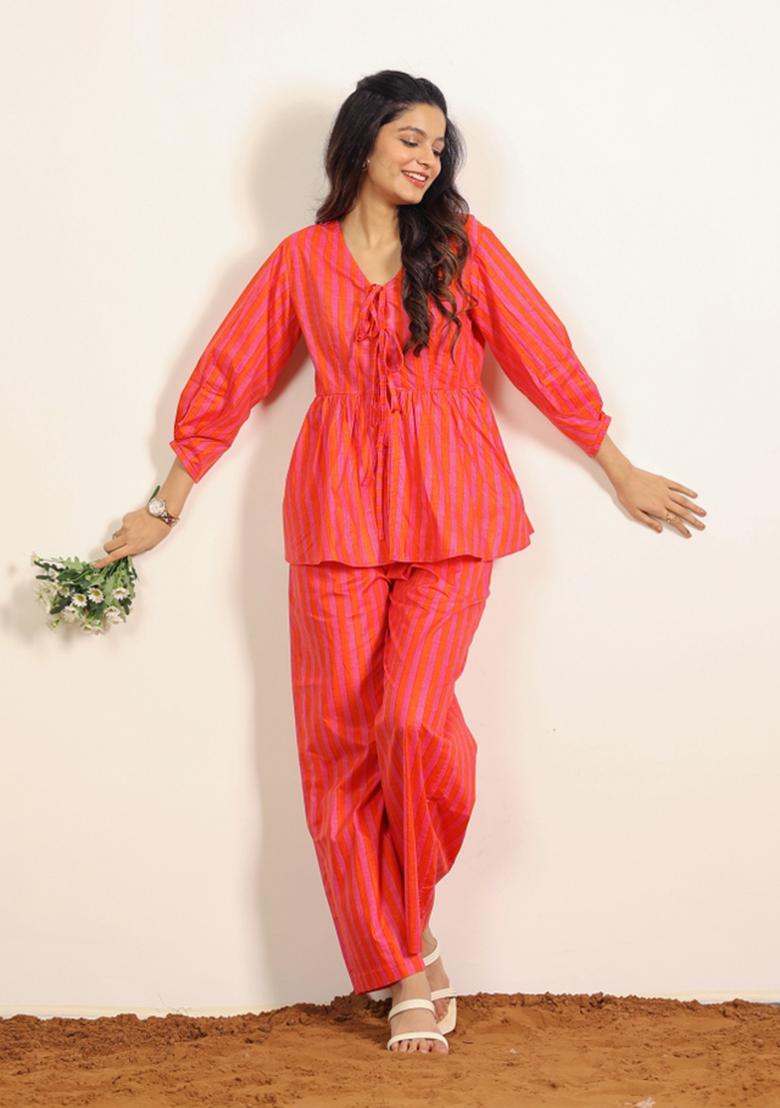 Orange And Pink Printed  Cotton Co Ord Set