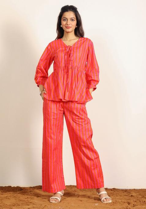 Orange And Pink Printed  Cotton Co Ord Set