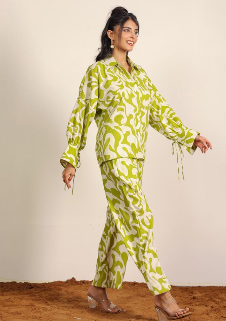 Green And White Printed  Cotton Co Ord Set