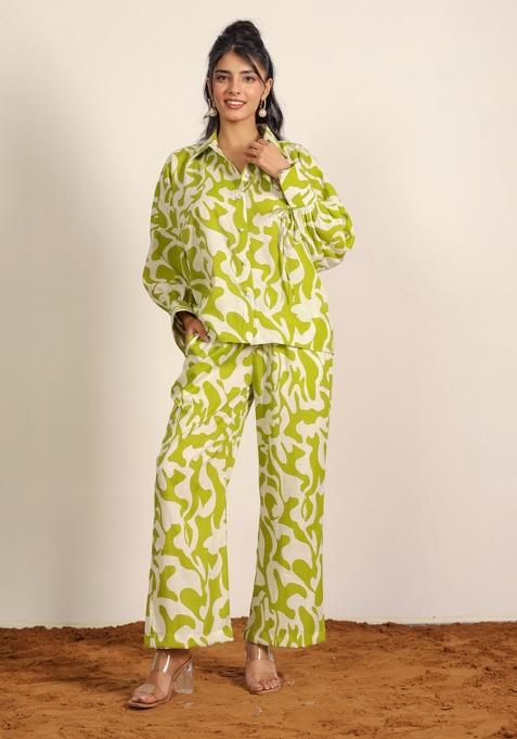 Green And White Printed  Cotton Co Ord Set