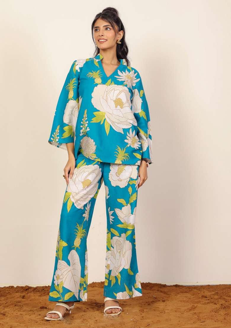 Sky Blue And Multi Printed  Cotton Co Ord Set - Indya