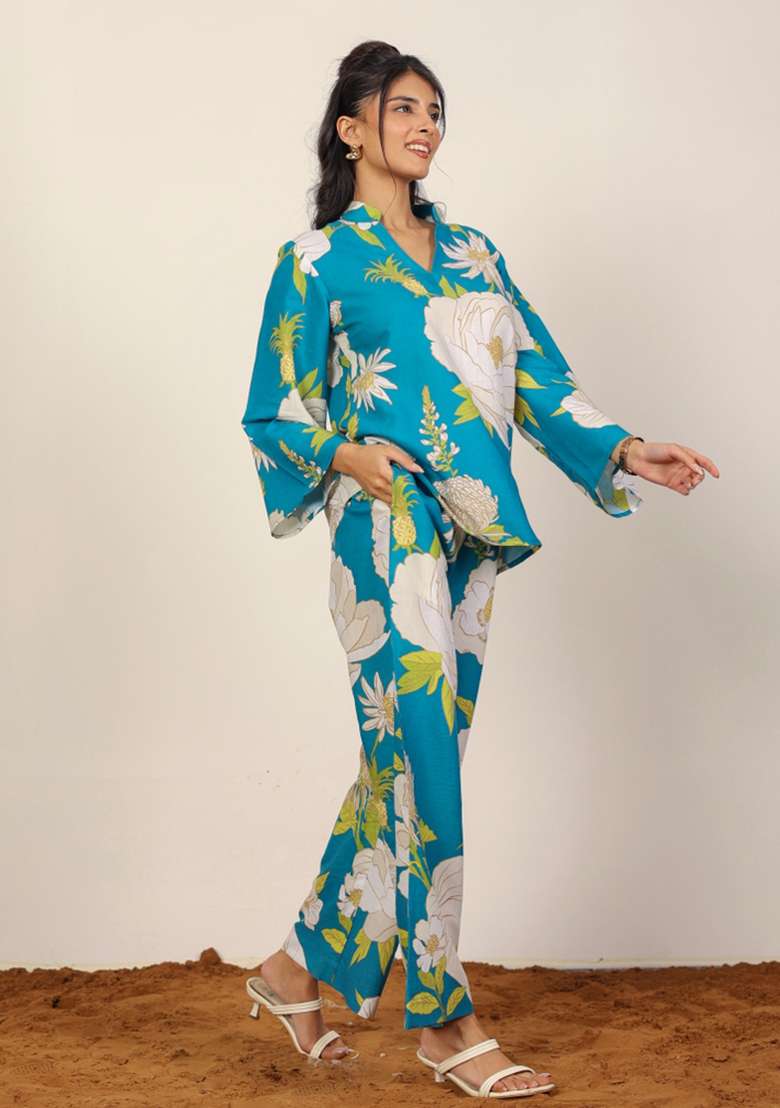 Sky Blue And Multi Printed  Cotton Co Ord Set - Indya