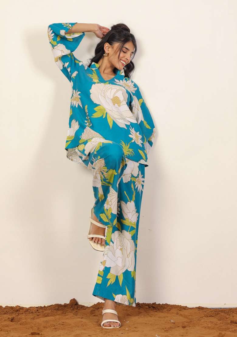 Sky Blue And Multi Printed  Cotton Co Ord Set - Indya