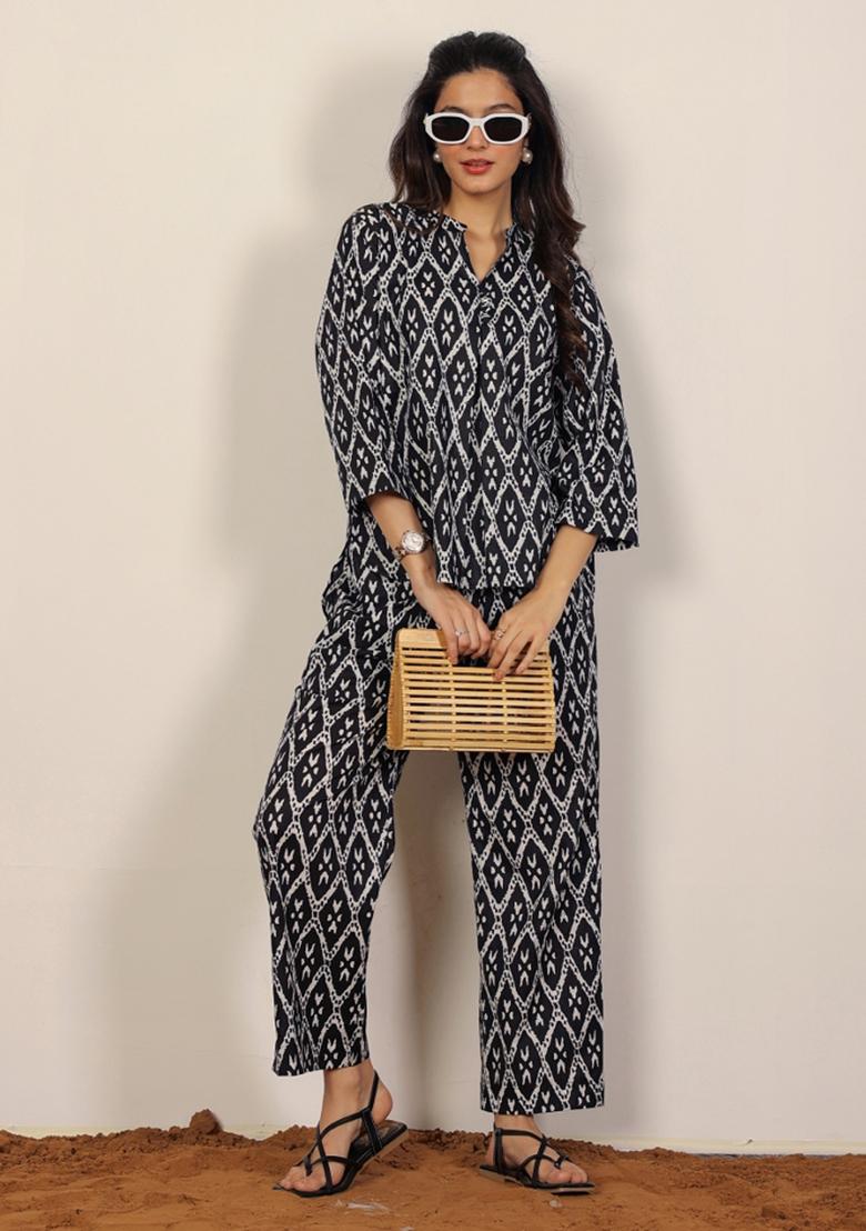 Black And White Printed  Cotton Co Ord Set