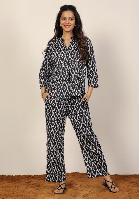 Black And White Printed  Cotton Co Ord Set