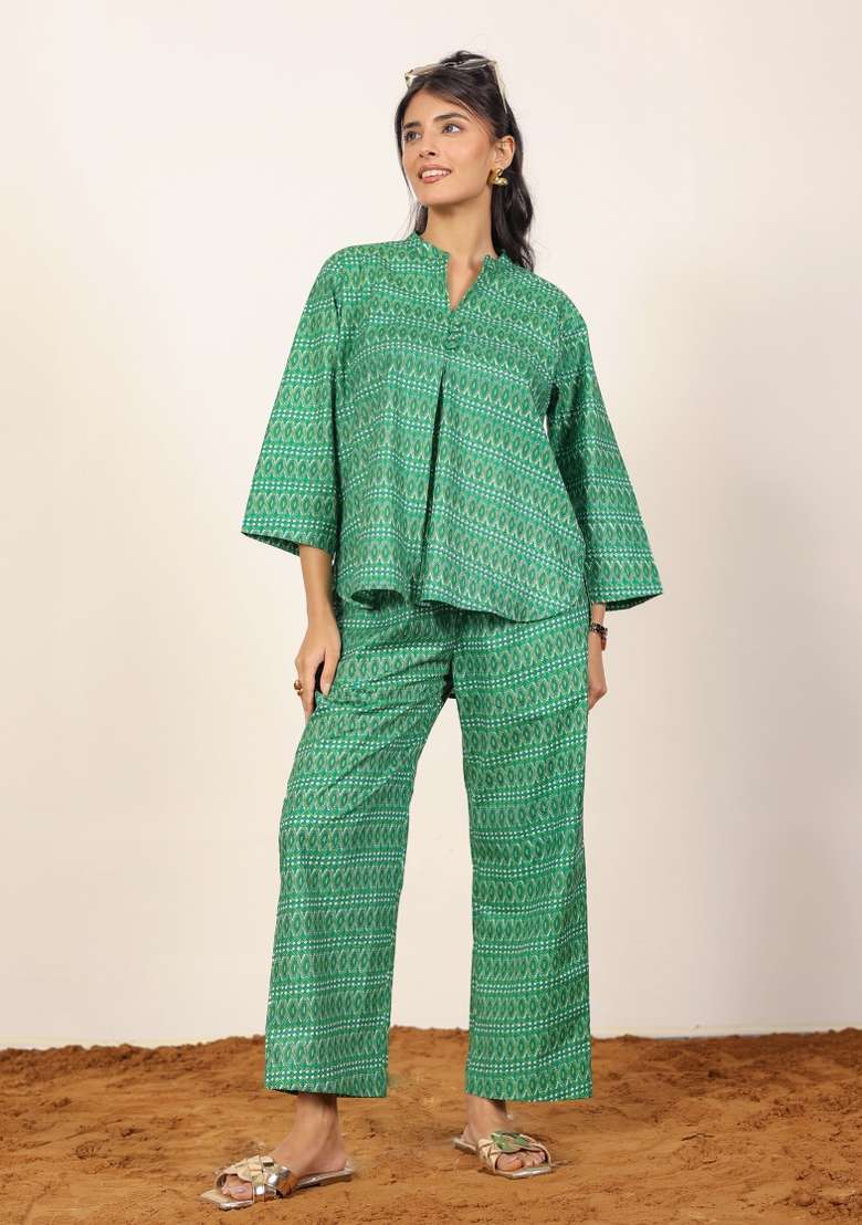 Green And White Printed  Cotton Co Ord Set - Indya