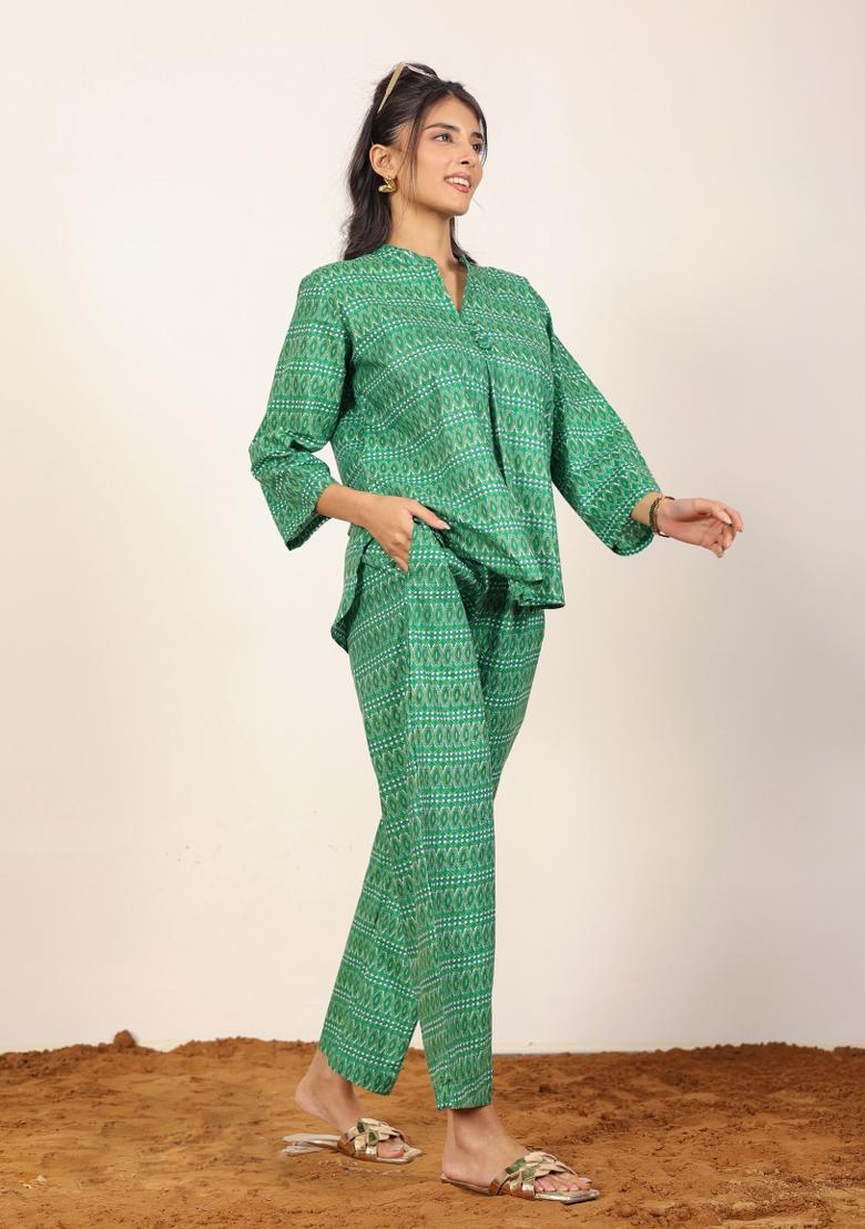 Green And White Printed  Cotton Co Ord Set