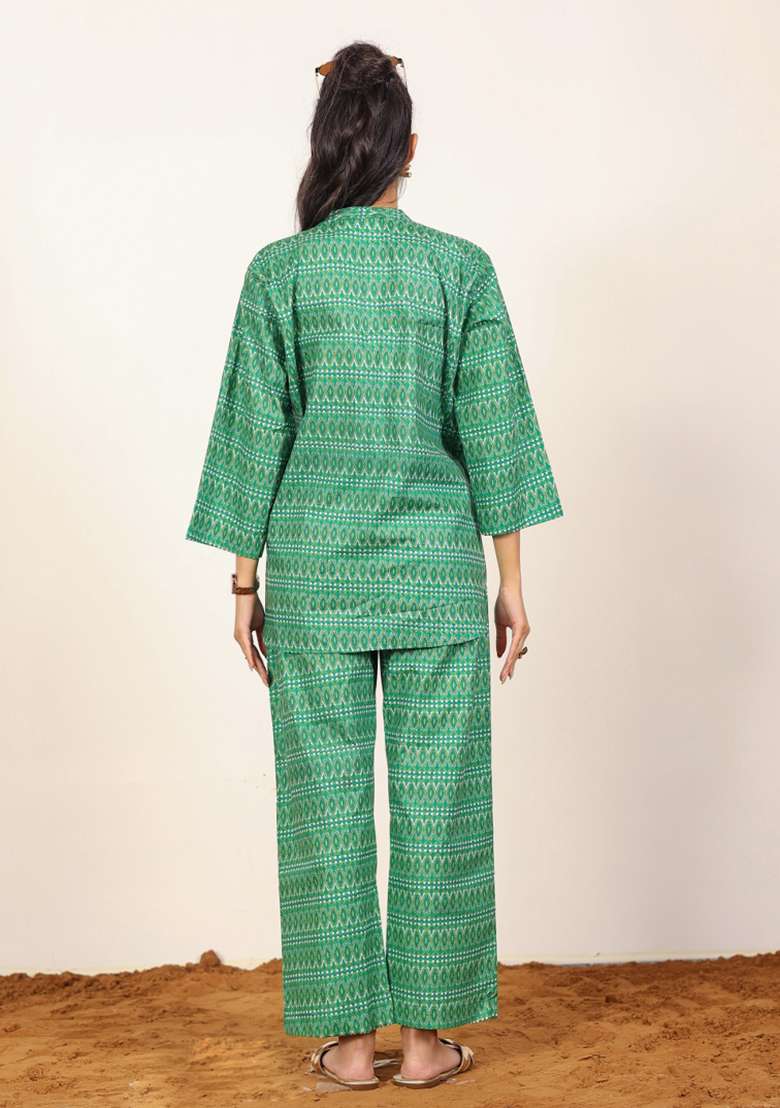 Green And White Printed  Cotton Co Ord Set - Indya