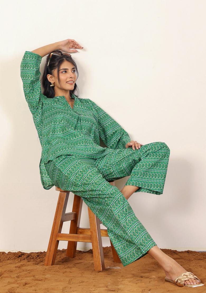 Green And White Printed  Cotton Co Ord Set