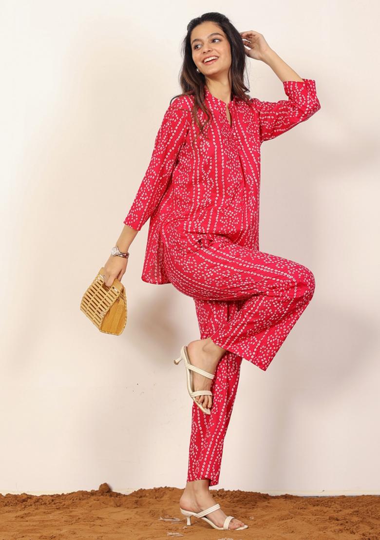 Red Printed  Cotton Co Ord Set