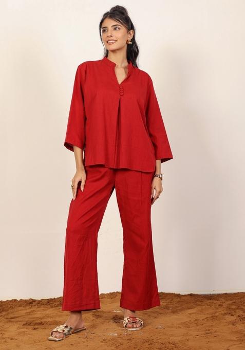 Red Printed  Cotton Co Ord Set