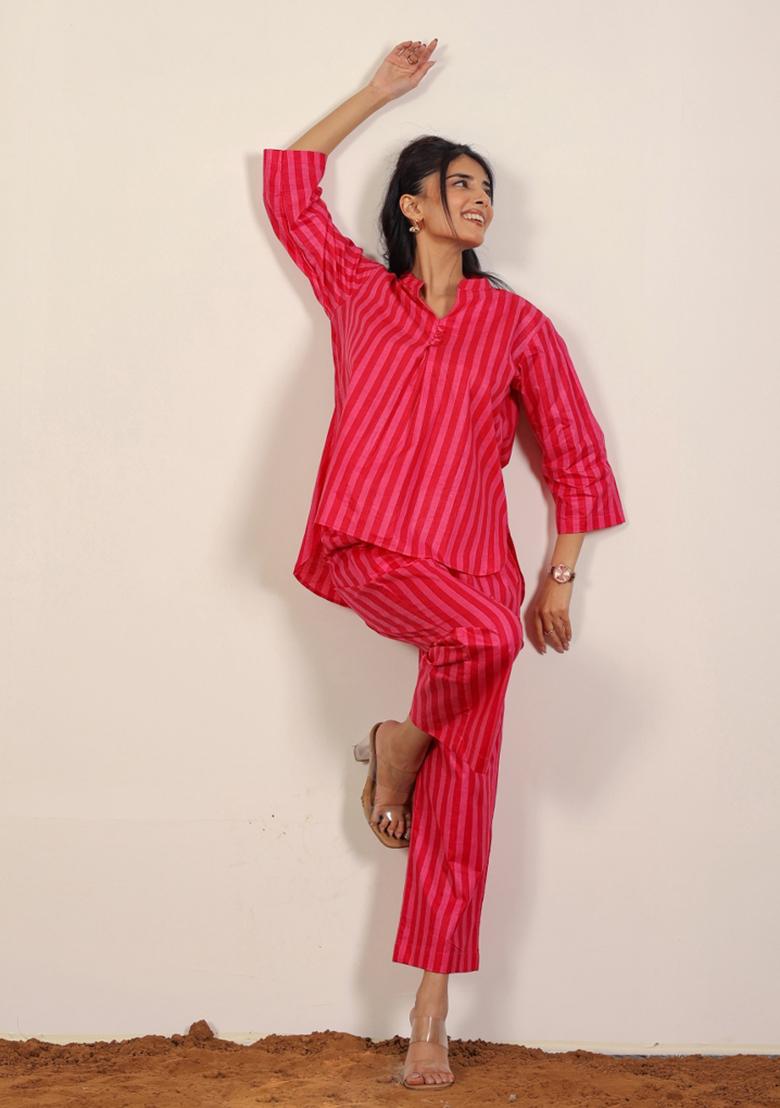 Red And Pink Printed  Cotton Co Ord Set